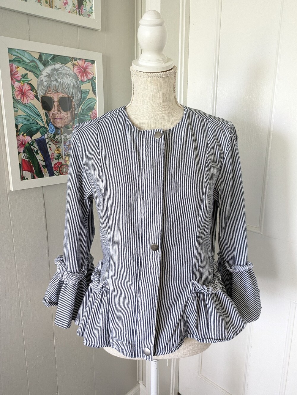 Striped Peplum Jacket Ruffle Cuff Cotton Long Sleeve Full Zip Preppy Fitted